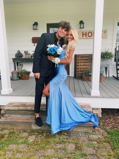 Blue Satin Wedding Guest Dress Mermaid Prom Dress with Slit V Neck