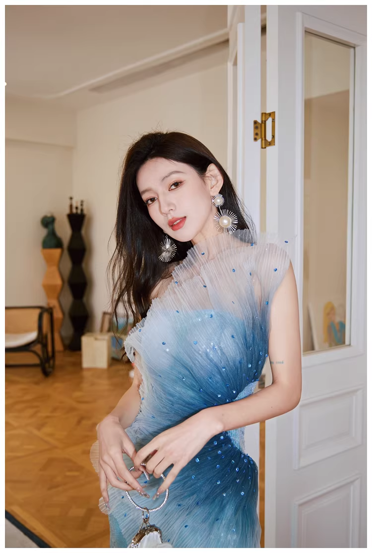 Glamorous Blue Tulle Sequin Mermaid Long Evening Dress Formal 19th Birthday Outfits With Beads