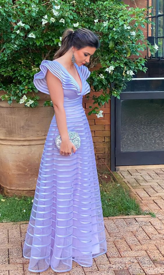 A-line Chic Cap Sleeves V-neck Long Formal Evening Dress