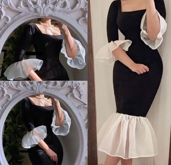 Elegant White And Black Stitching Dress, Midi-length Mermaid Prom Dress