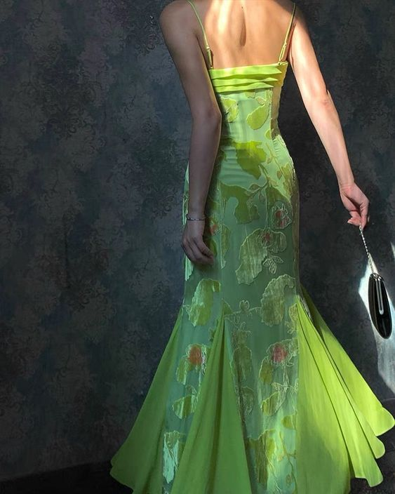 Gorgeous Spaghetti Straps Green Satin Print Floral Mermaid Party Dress Long Birthday Prom Dresses