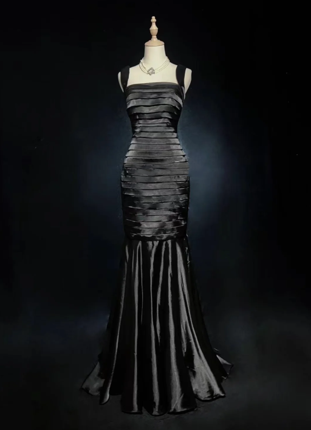 Fashion Black Satin Pleated Mermaid Long Evening Dress Wedding Guest Dress