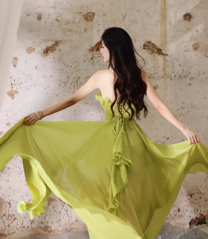 Pretty Green Strapless Chiffon Ruffled Long Evening Dress Birthday Dress