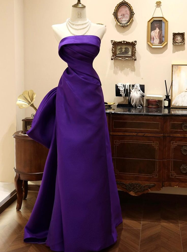 Stylish Purple Satin Strapless Pleated Mermaid Prom Dress Long Evening Dress With Bow