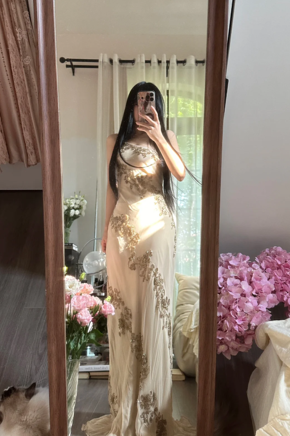 Vintage Spaghetti Straps Chiffon Beaded Mermaid Long Evening Dress Formal Birthday Party Dress