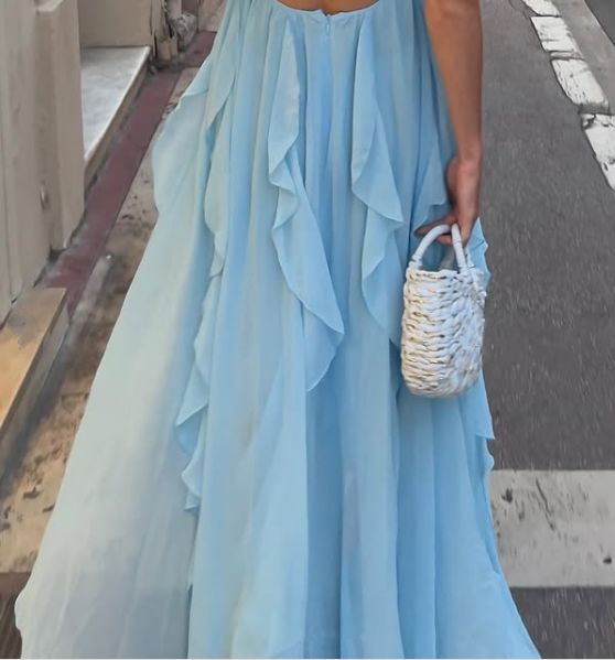 Sexy Halter Blue Chiffon Backless Evening Dress Long Prom Dress