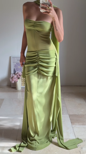 Elegant Green Strapless Ruched Party Dress,Long Prom Evening Dress