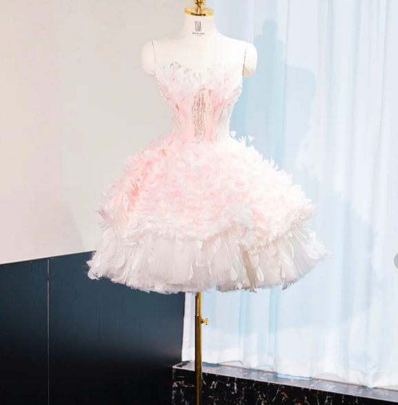 Sweet Pink Princess Tulle Feathers Short Birthday Dress Homecoming Dress