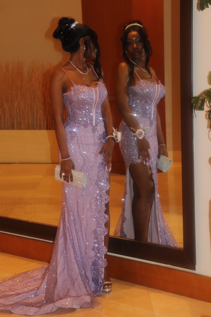 Gorgeous Spaghetti Straps Purple Tulle Sequin Slit Mermaid Prom Dress Evening Gown