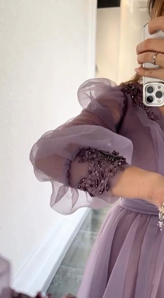 Purple A-line Tulle Beaded Evening Dress With Puff Sleeves