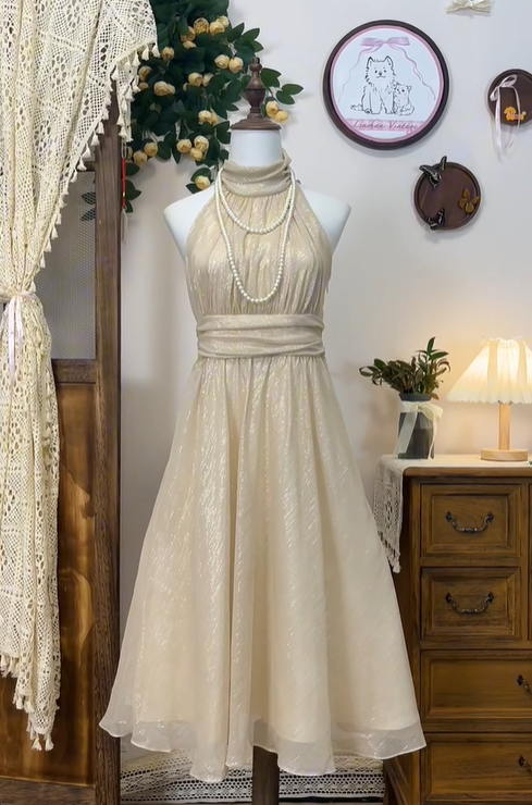 Sparkly Champagne Tulle Sequin A Line Formal Homecoming Dress Halter Birthday Dress