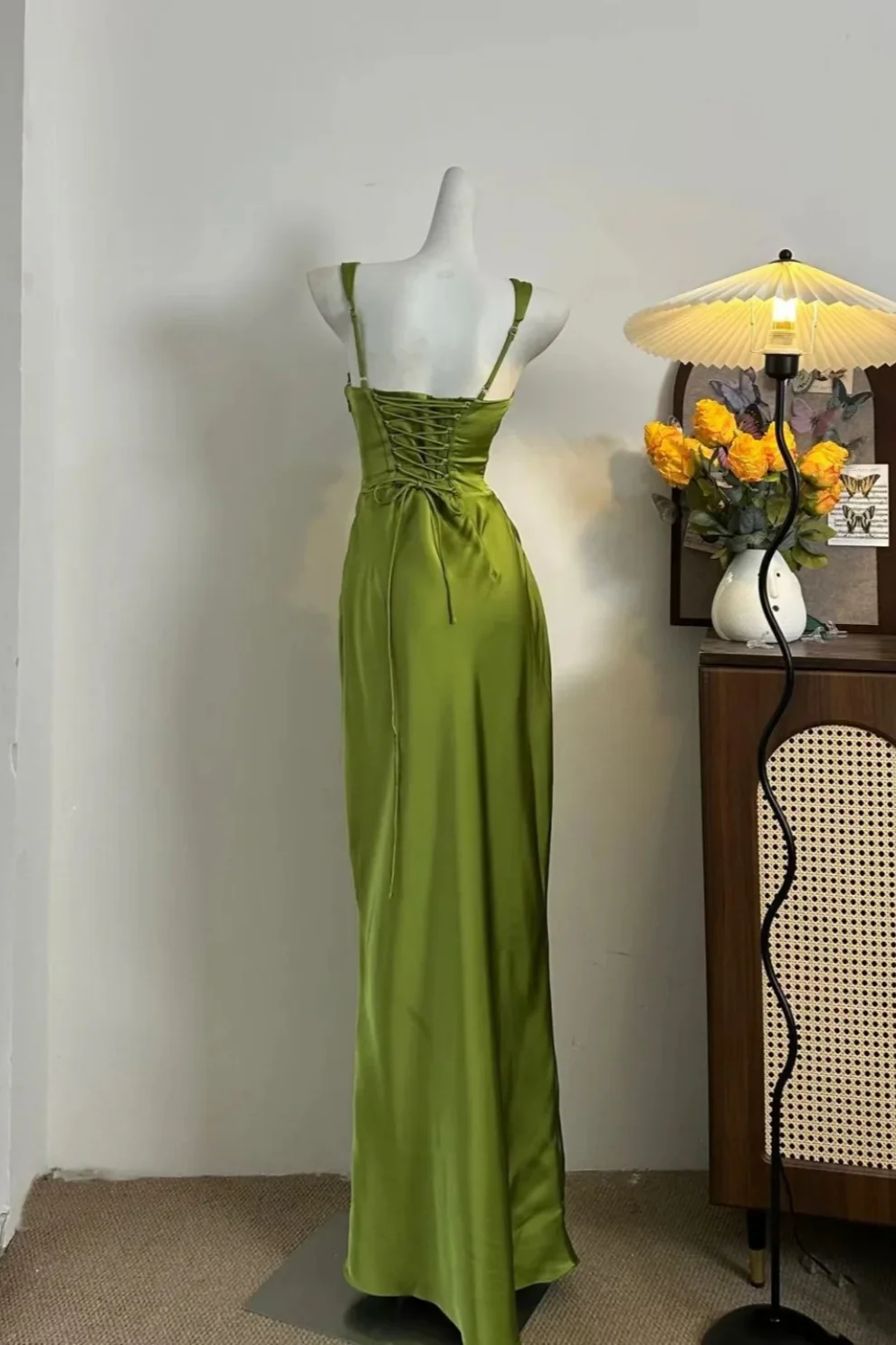 Classy Green Satin Mermaid Long Wedding Guest Dress Formal Birthday Prom Dress Party Dress