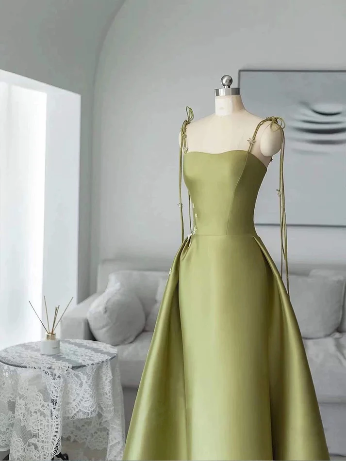 Simple A Line Green Satin Prom Dress Spaghetti Straps Long Party Evening Dress