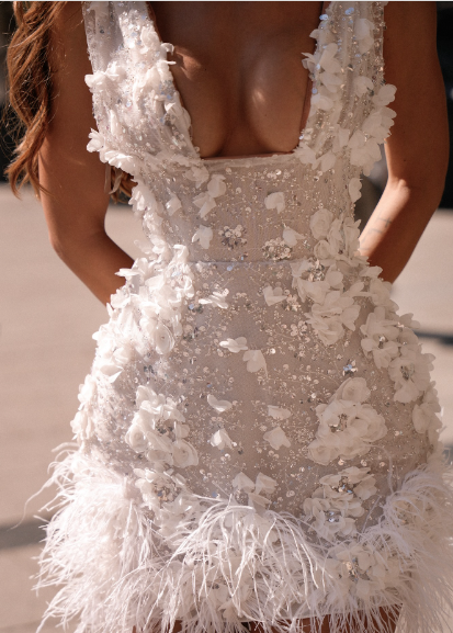 Elegant White Deep V Neck Sequined Floral Feather Fitted Birthday Dress Homecoming Dress