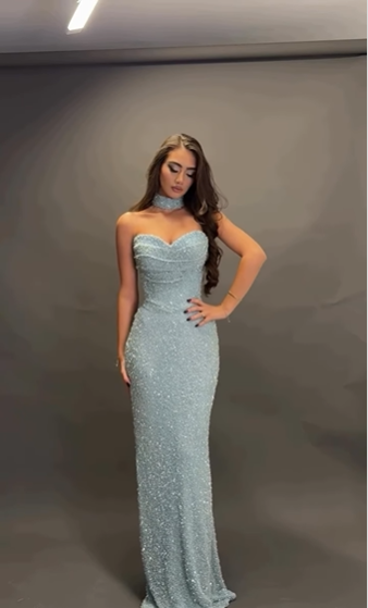 Shimmering Light Blue Mermaid Strapless Sequined Long Prom Dress Evening Dress