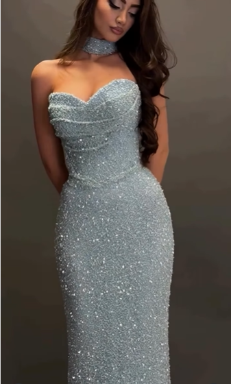 Shimmering Light Blue Mermaid Strapless Sequined Long Prom Dress Evening Dress
