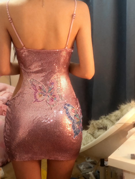 Gorgeous Dreamy Pink Halter Neck Butterfly Sequin Embroidery Slim Birthday Party Homecoming Dress