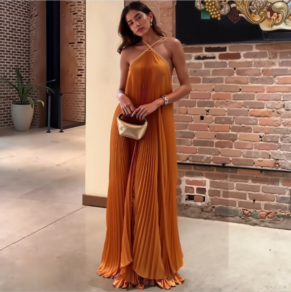 Sexy Halter Pleated Evening Dress Orange Sleeveless Party Prom Dress
