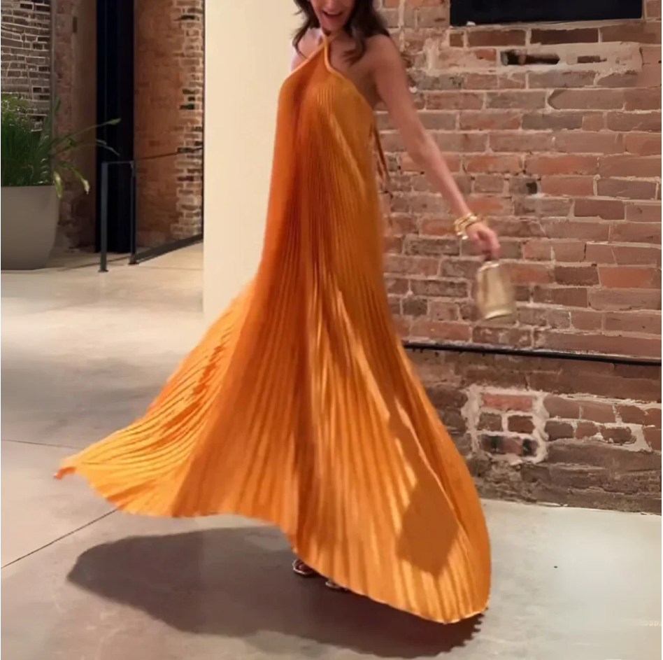 Sexy Halter Pleated Evening Dress Orange Sleeveless Party Prom Dress