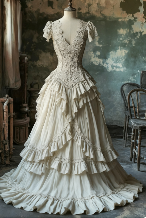 Vintage A Line Chiffon Lace Appliques Long Prom Dress,Ivory Wedding Dress Evening Dress