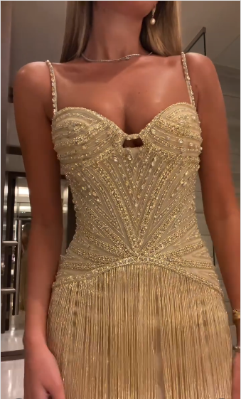 Gorgeous Gold Fitted Spaghetti Strap Sequined Tassel Long Prom Dress Evening Dress