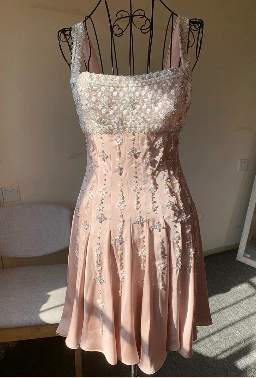 Vintage Pink Square Neck Wide Shoulder Strap Sequin Embroidered Satin Birthday Party Homecoming Dress