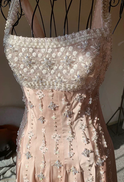 Vintage Pink Square Neck Wide Shoulder Strap Sequin Embroidered Satin Birthday Party Homecoming Dress