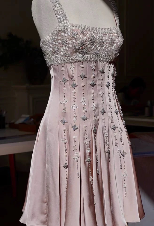 Vintage Pink Square Neck Wide Shoulder Strap Sequin Embroidered Satin Birthday Party Homecoming Dress