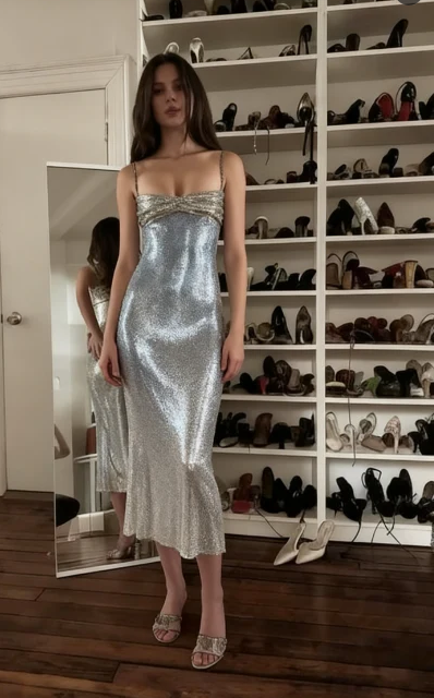 Sexy Champagne Mermaid Spaghetti Strap Sequined Long Prom Dress Evening Dress
