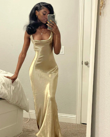 Mermaid Spaghetti Straps Long Prom Dress Gold Charming Evening Dress Black Girls Prom Dress