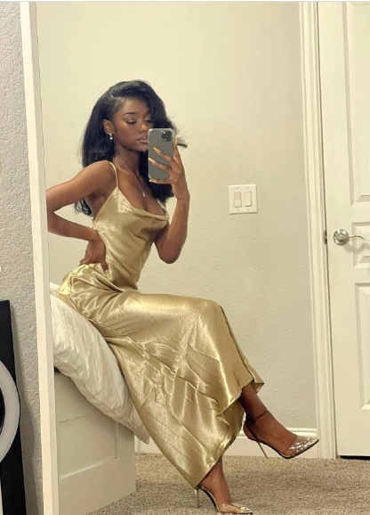 Mermaid Spaghetti Straps Long Prom Dress Gold Charming Evening Dress Black Girls Prom Dress