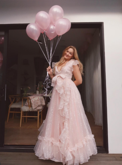 Princess Pink A-line V-neck Ruffled Sequined Tulle Long Prom Dress Evening Dress