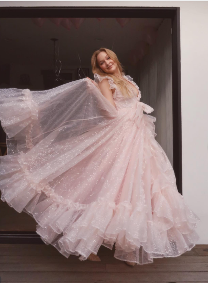 Princess Pink A-line V-neck Ruffled Sequined Tulle Long Prom Dress Evening Dress