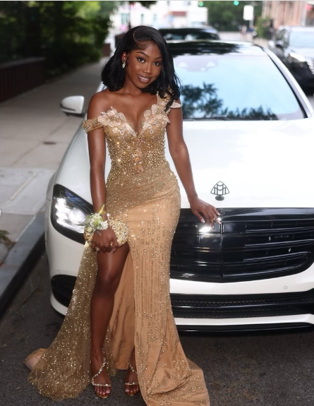 Gorgeous Gold Mermaid High-slit Sequined Long Prom Dress Evening Dress