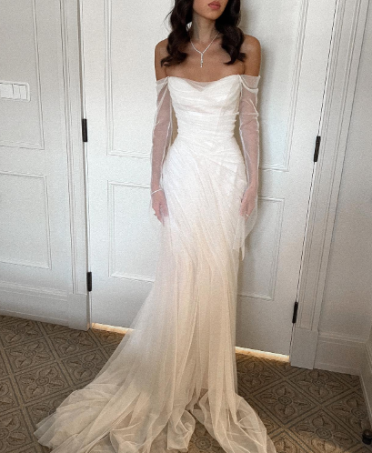 Elegant White Off-the-Shoulder Ruched Tulle Train Wedding Dress