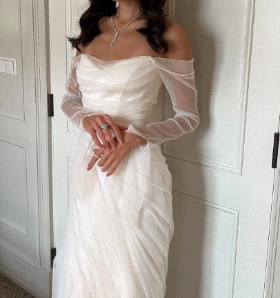 Elegant White Off-the-Shoulder Ruched Tulle Train Wedding Dress