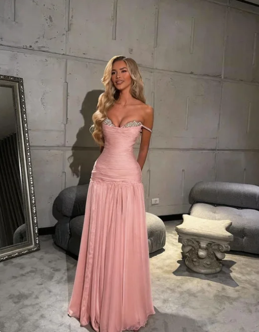 Elegant Mint Green A-line Off-shoulder Chiffon Long Prom Dress Evening Dress Bridesmaid Dress