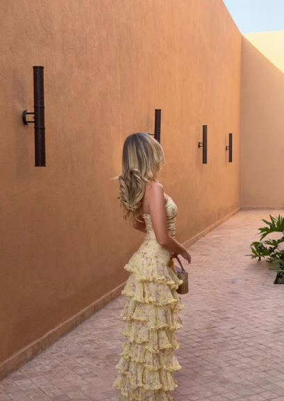 Sweet Yellow Floral Print Strapless A-line Chiffon Long Prom Dress Evening Dress