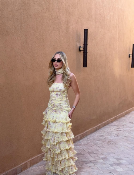 Sweet Yellow Floral Print Strapless A-line Chiffon Long Prom Dress Evening Dress
