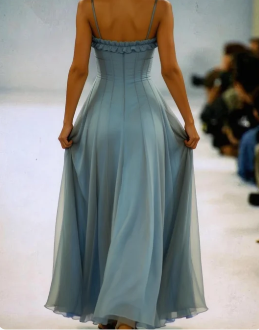 Vintage Blue Tulle A Line Party Gown,Spaghetti Straps Prom Evening Dress