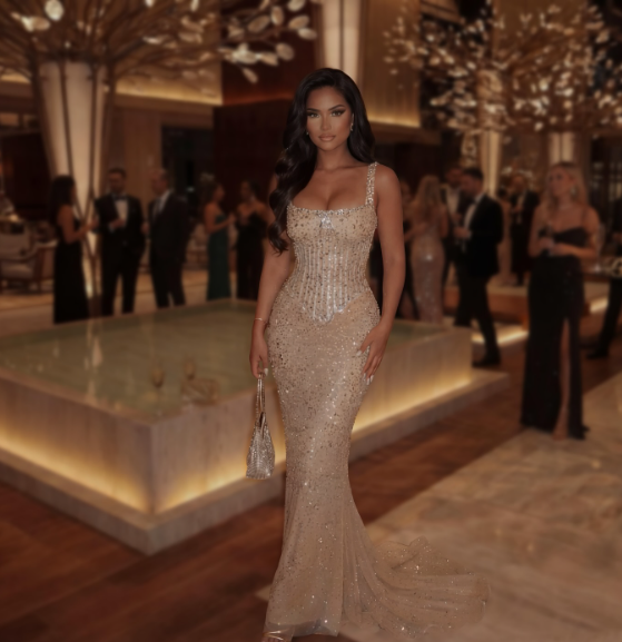 Luxurious Champagne Gold Mermaid Square Neck Sequined Prom Dress Evening Dress