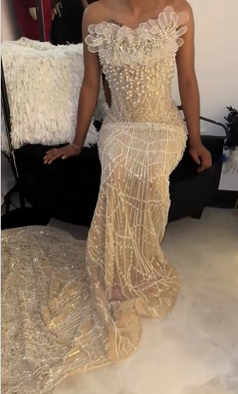 Luxurious Champagne Gold Strapless 3D Floral Beaded Sequin Tulle Train Long Prom Dress Evening Dress