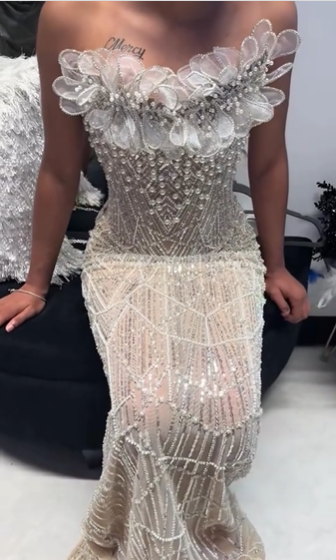 Luxurious Champagne Gold Strapless 3D Floral Beaded Sequin Tulle Train Long Prom Dress Evening Dress