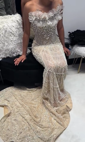 Luxurious Champagne Gold Strapless 3D Floral Beaded Sequin Tulle Train Long Prom Dress Evening Dress