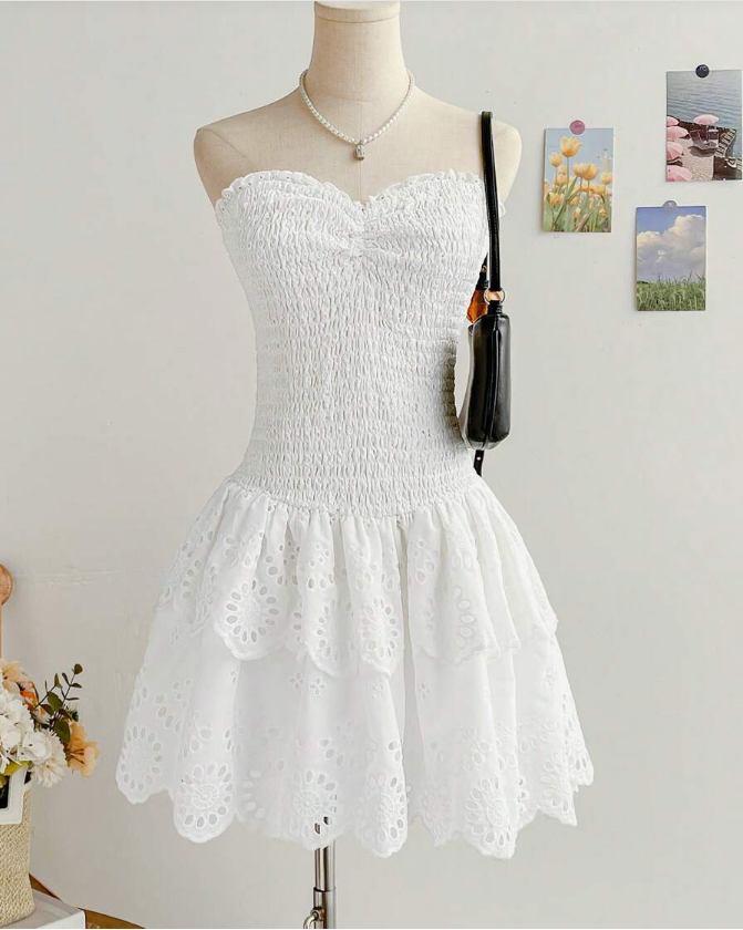 Sweet Heart Neck White Lace Birthday Cake Dress Homecoming Dress