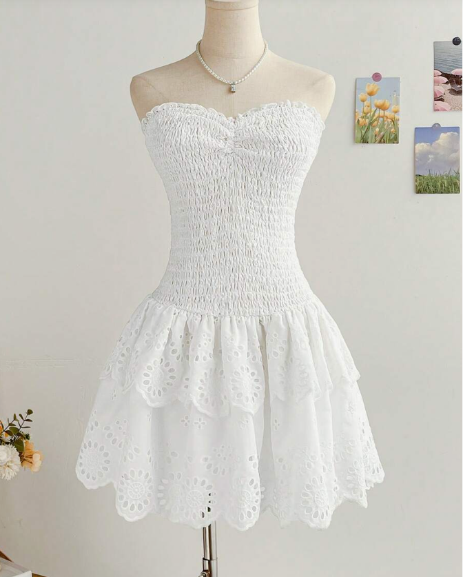 Sweet Heart Neck White Lace Birthday Cake Dress Homecoming Dress
