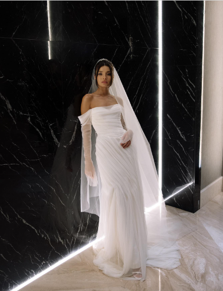 Elegant White Off-the-Shoulder Ruched Tulle Train Wedding Dress