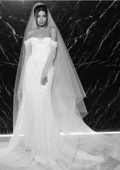 Elegant White Off-the-Shoulder Ruched Tulle Train Wedding Dress