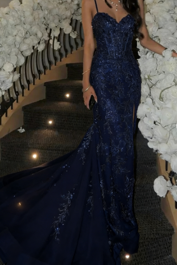Elegant Champagne Mermaid V-neck Sequin Embroidered Slit Prom Dress Evening Dress