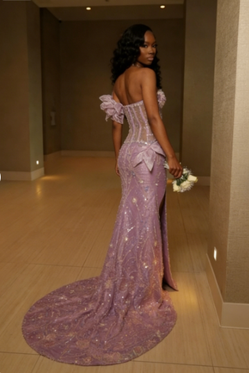 Luxurious Purple Beaded Sequin 3D Flower High Slit Tulle Train Prom Dress Evening Dress